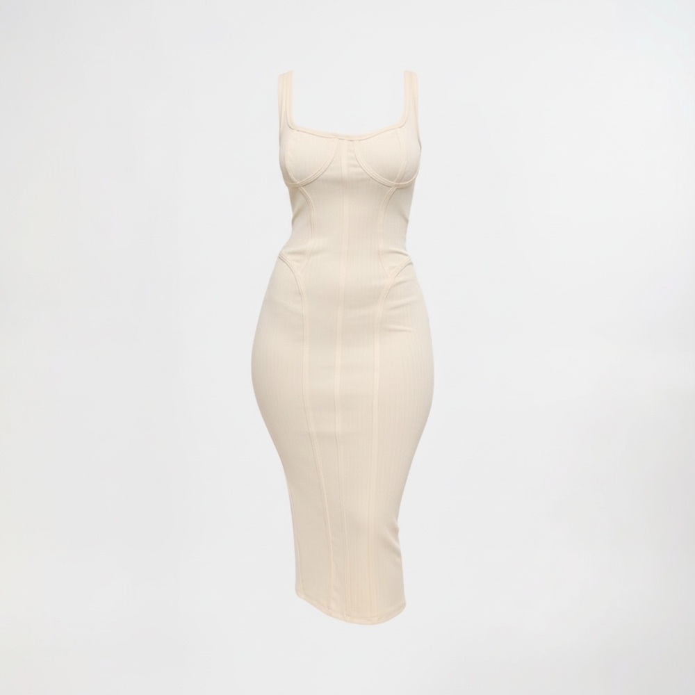 WinWin Beige Structured Midi Bodycon Dress NWT